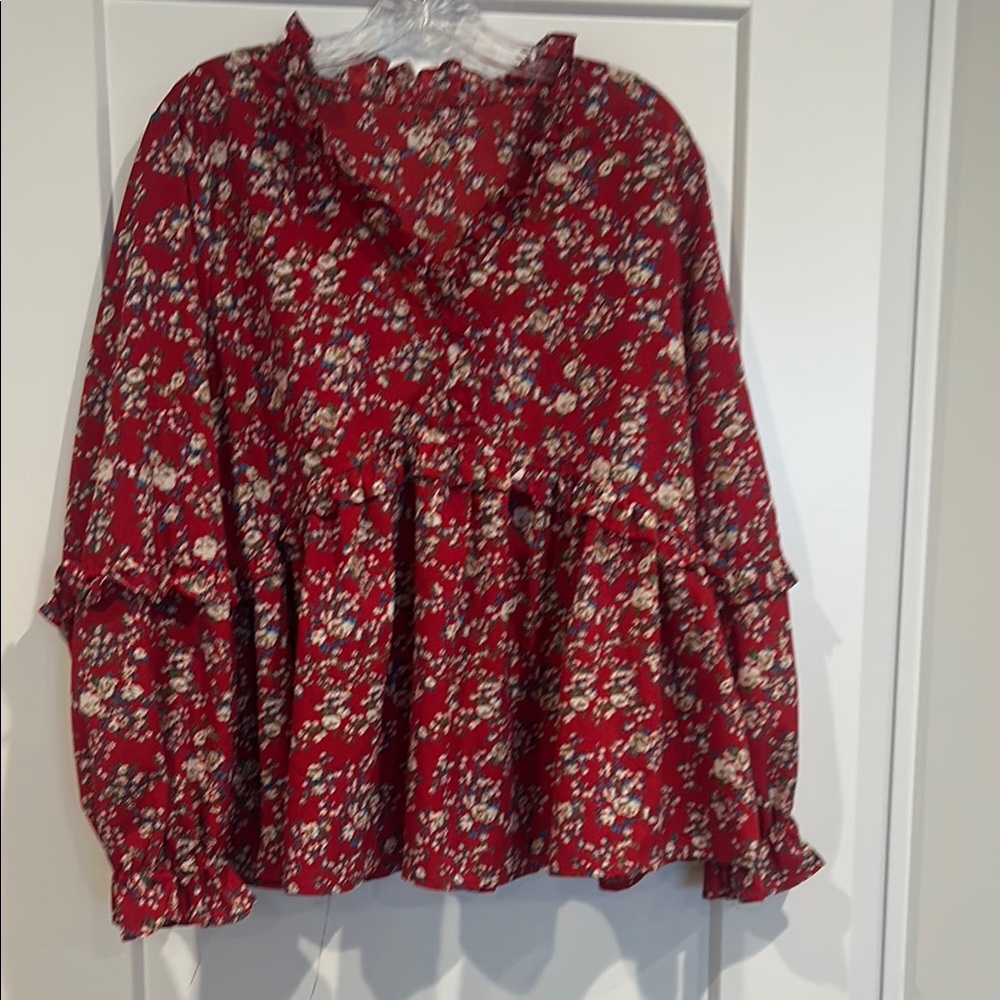 SHEIN Dark Red Ruffled Relaxed Blouse with Long Sleeves. Size 1XL.